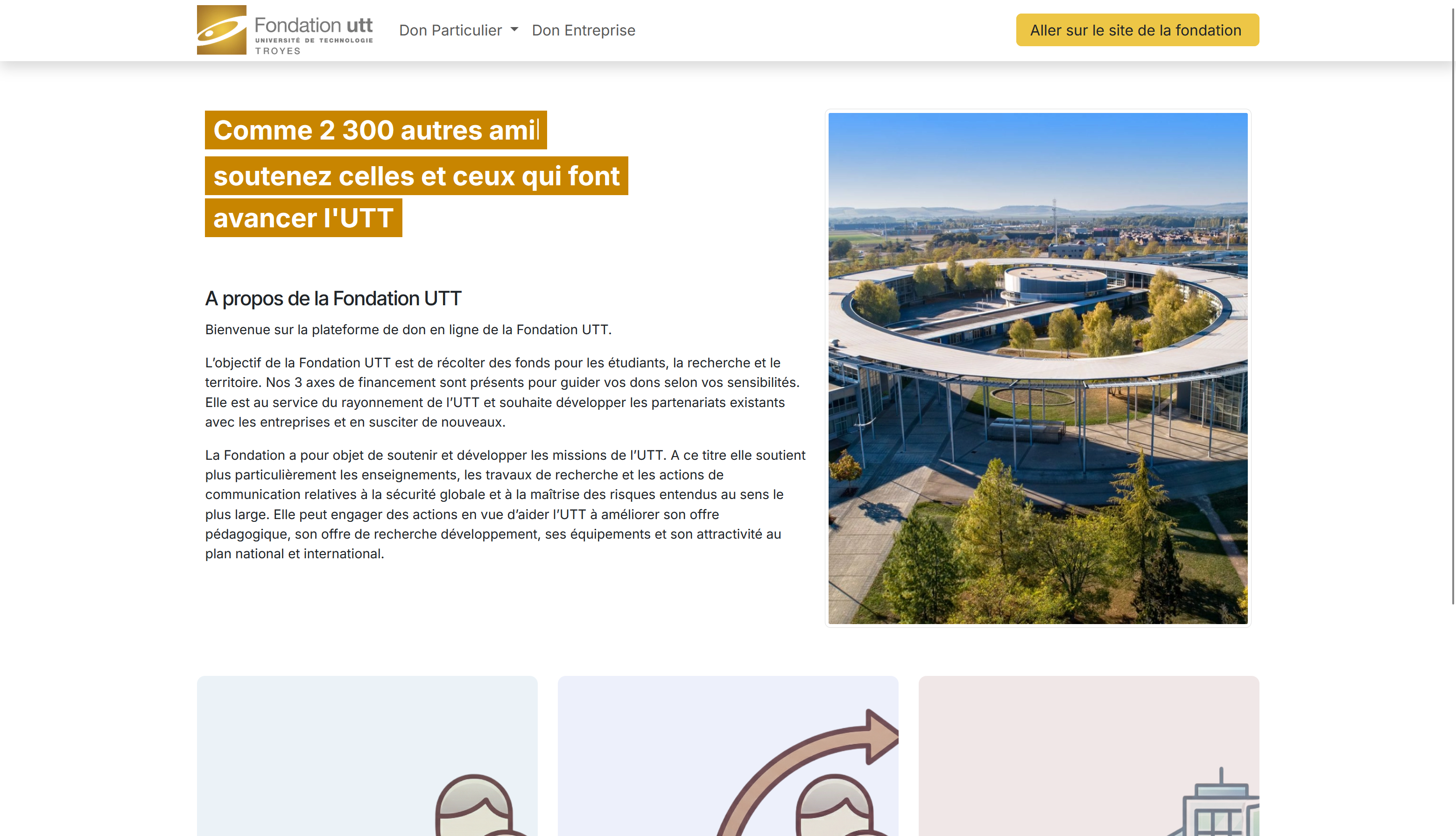 Page de collecte de dons du site de la Fondation UTT, avec les parcours Don ponctuel, Don récurrent et Don entreprise.